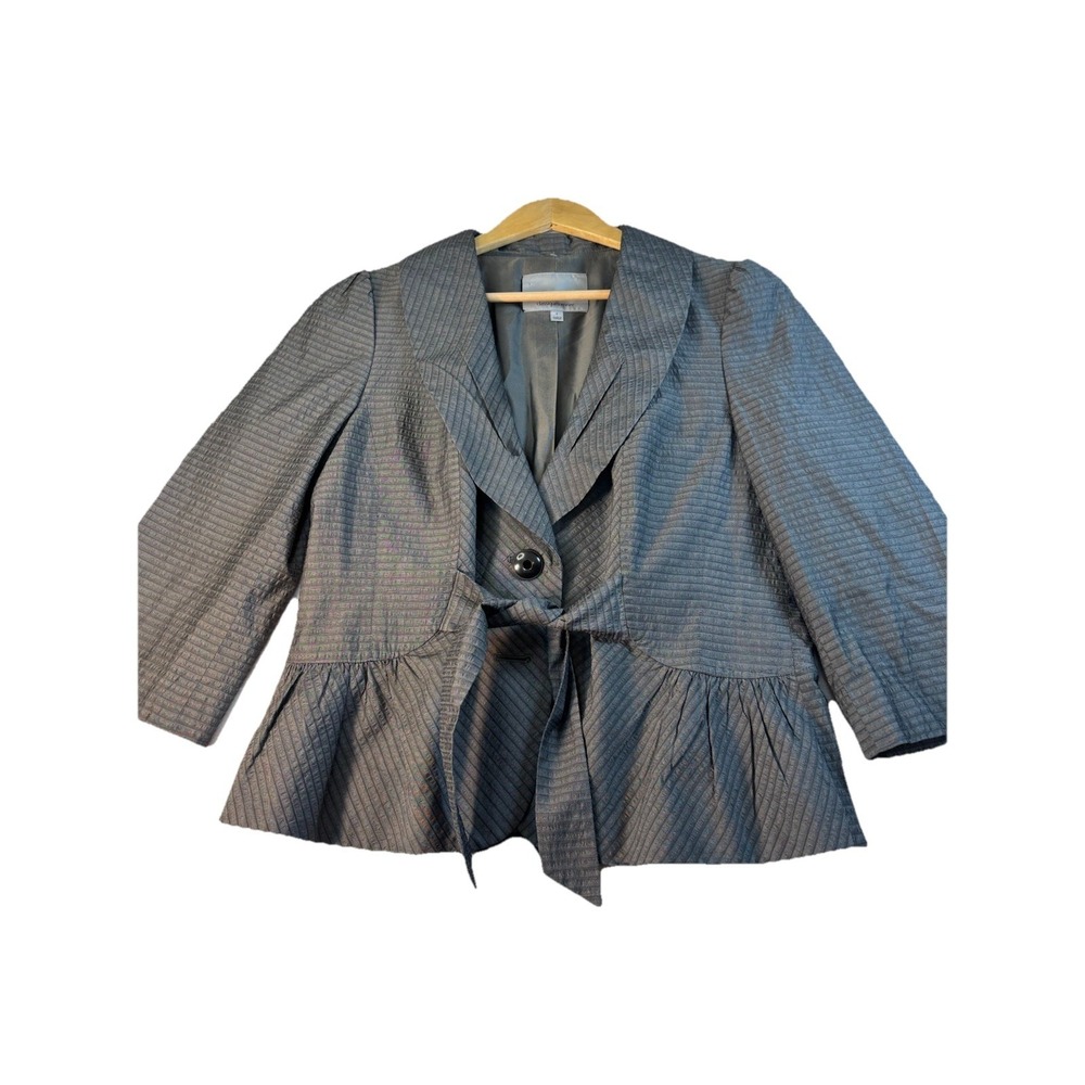 Classiques Entier Blazer Jacket Women's L Gray 2 Button Tie Cropped Striped